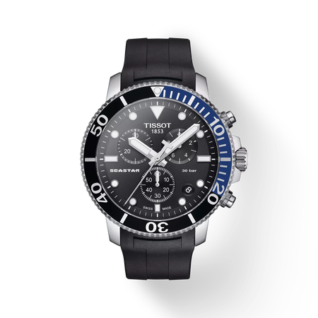 Vista frontal del reloj Tissot Seastar 1000 Quartz Chronograph con sombra