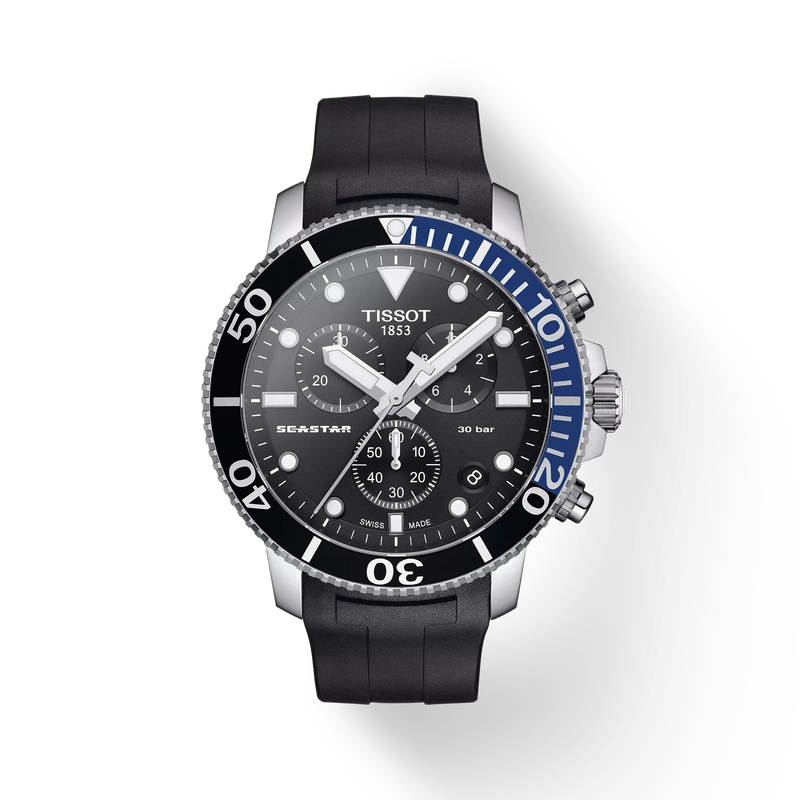 มุมมองด้านหน้าของนาฬิกา Tissot Seastar 1000 Quartz Chronograph พร้อมเงา