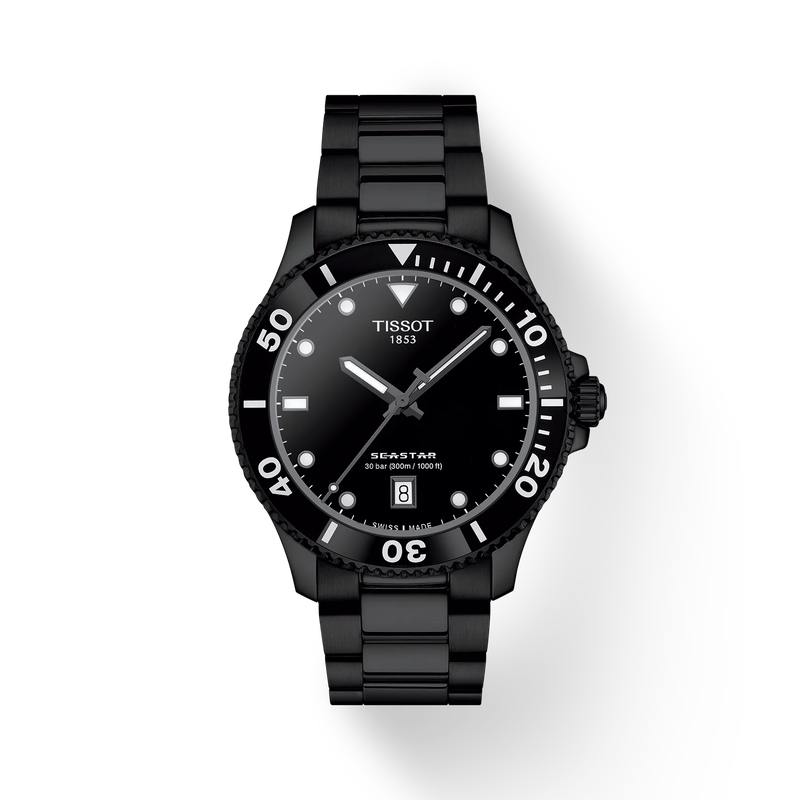 Front view of the watch Tissot Seastar 1000 40mm with shadow
