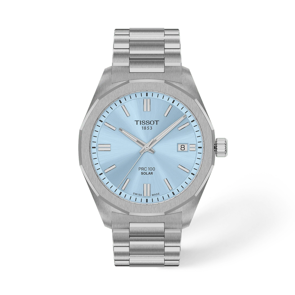 Vorderansicht der Uhr Tissot PRC 100 Solar 39mm mit Schatten