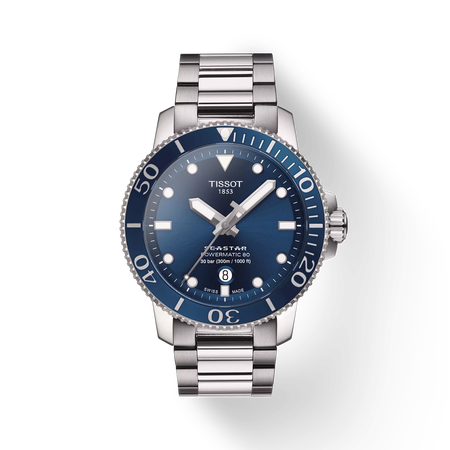 Front view of the watch Tissot Seastar 1000 43mm with shadow