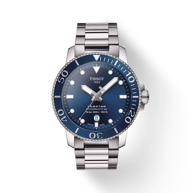 Front view of the watch Tissot Seastar 1000 43mm with shadow