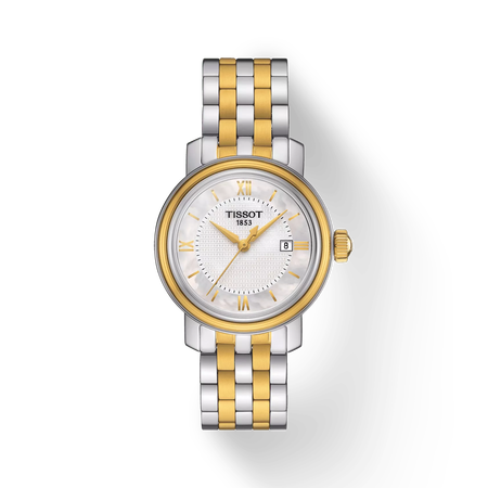 Front view of the watch Tissot Bridgeport Lady with shadow