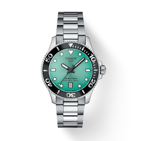 Front view of the watch Tissot Seastar 1000 36mm with shadow