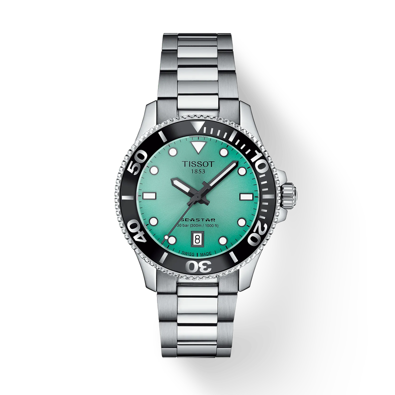 Vorderansicht der Uhr Tissot Seastar 1000 36mm mit Schatten