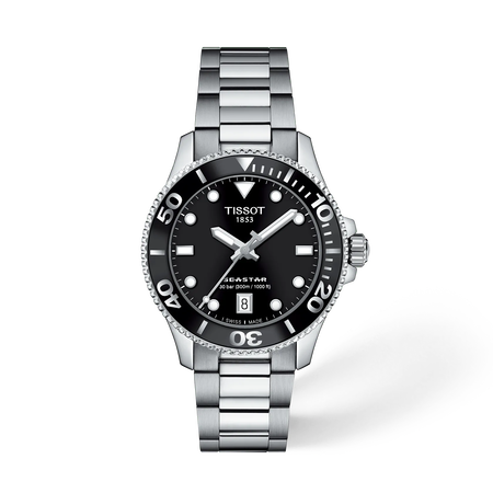Vorderansicht der Uhr Tissot Seastar 1000 36mm mit Schatten