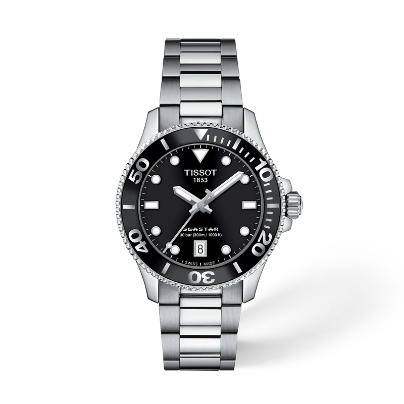 Front view of the watch Tissot Seastar 1000 36mm with shadow
