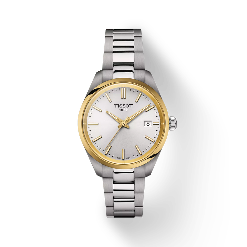 Front view of the watch Tissot PR 100 34mm with shadow