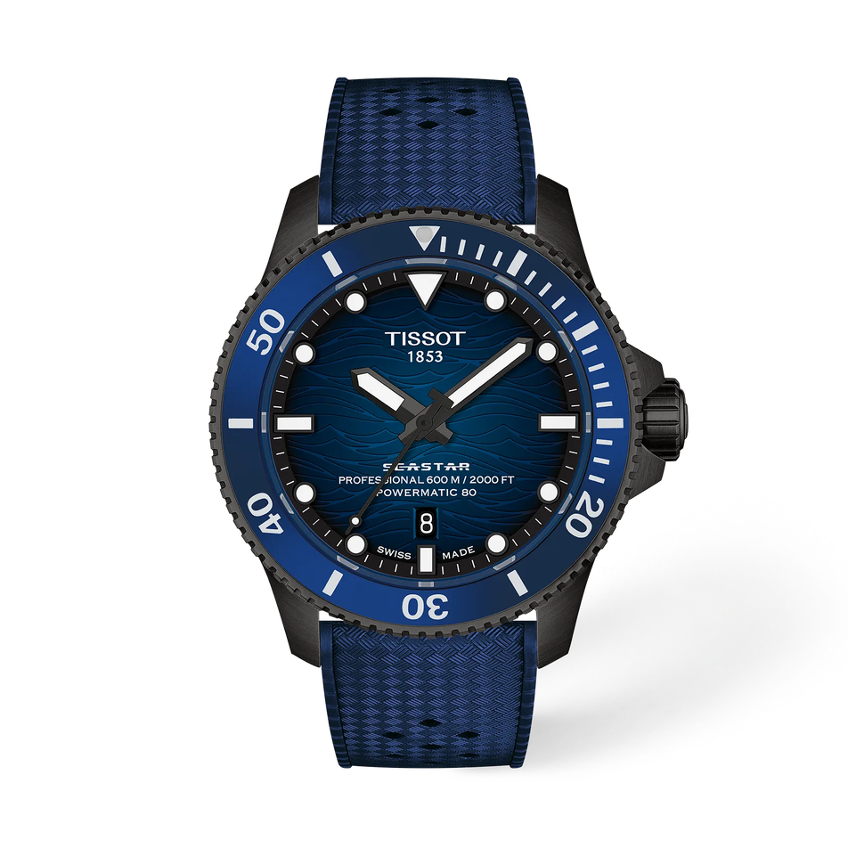 Vorderansicht der Uhr Tissot Seastar 2000 44mm mit Schatten