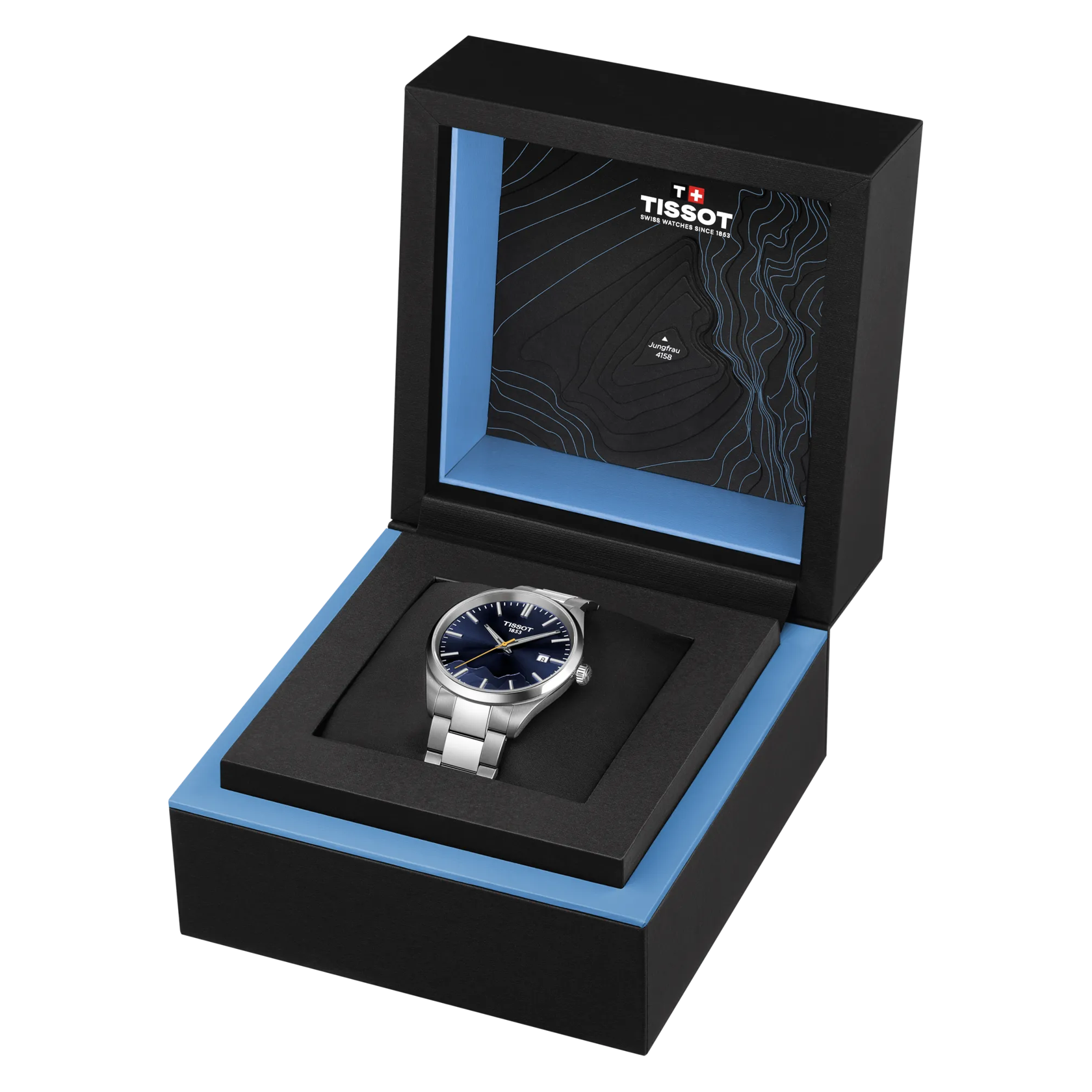 Front view of the watch Tissot PR 100 Jungfraubahn 40mm with opened