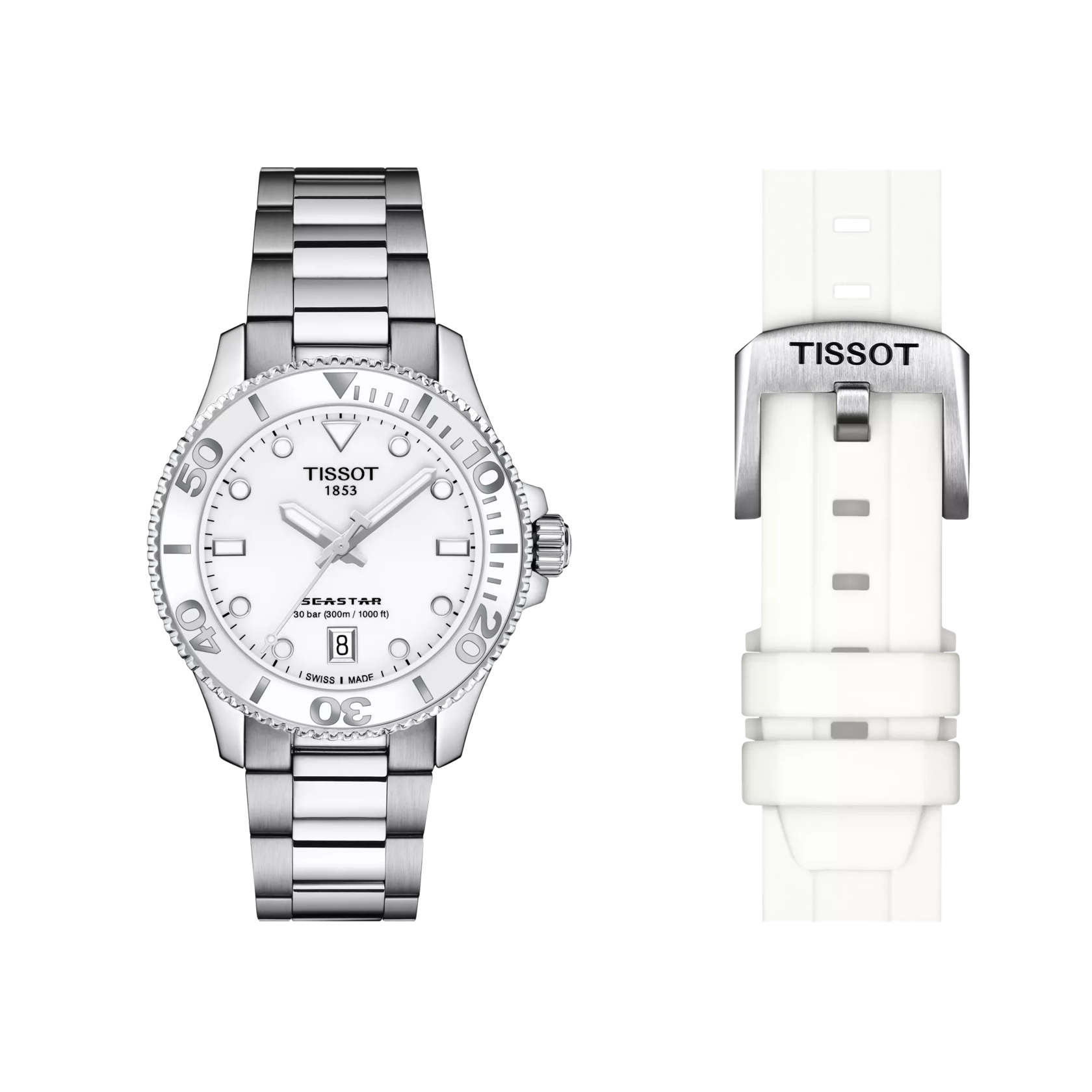 Front view of the watch Tissot Seastar 1000 36mm with additional bracelet