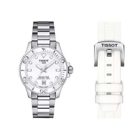 Front view of the watch Tissot Seastar 1000 36mm with additional bracelet