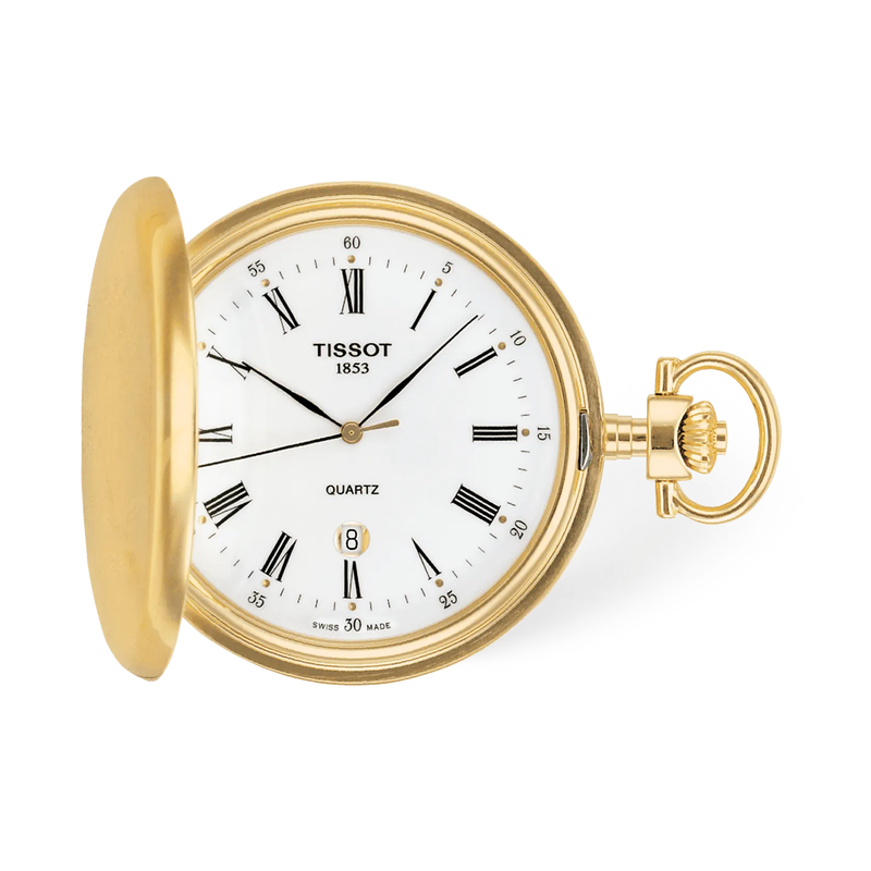 Vista frontal del reloj Tissot Savonnette 48.5mm con sombra