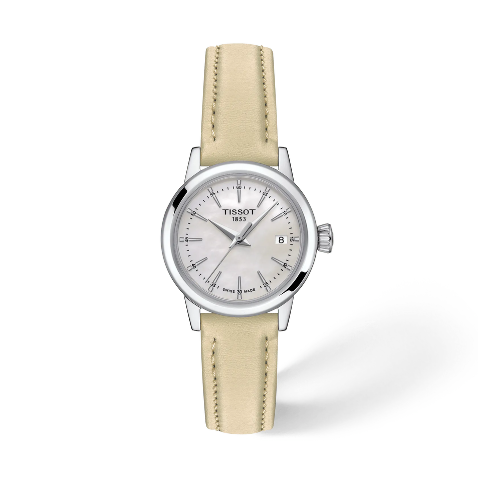 Front view of the watch Tissot Classic Dream 28mm with shadow