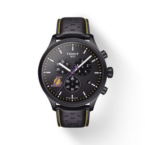 Front view of the watch Tissot Chrono XL NBA Teams Special Los Angeles Lakers Edition with shadow