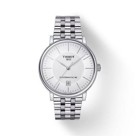 Front view of the watch Tissot Carson Premium 40mm with shadow