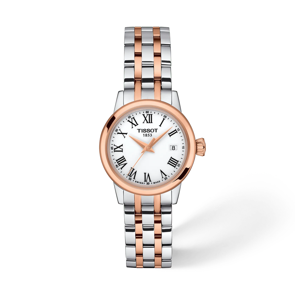 Front view of the watch Tissot Classic Dream 28mm with shadow