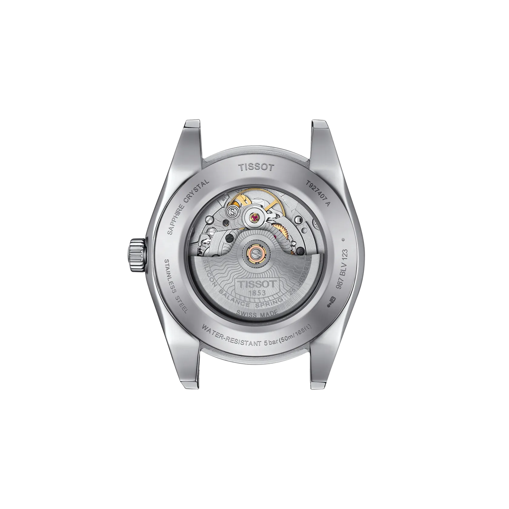 Vue arri&egrave;re du bo&icirc;tier de la montre Tissot Gentleman Gold bezel 40mm