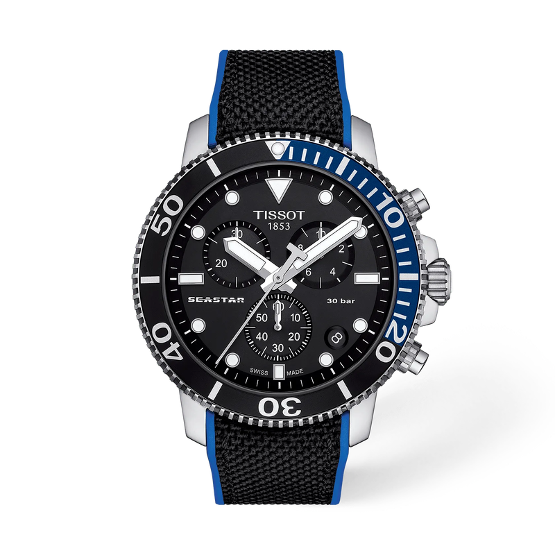 Vorderansicht der Uhr Tissot Seastar 1000 Chronograph mit Schatten