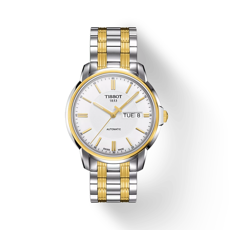 Front view of the watch Tissot Automatics III with shadow