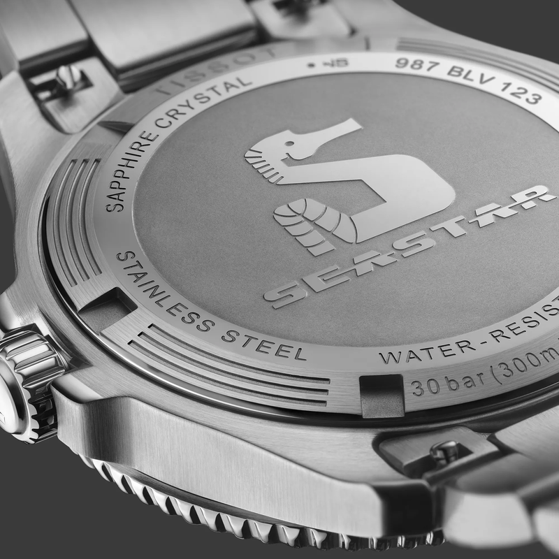 Tissot Seastar 1000 43mm watch on a coloured background