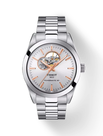 Front view of the watch Tissot Gentleman Open Heart 40mm with shadow