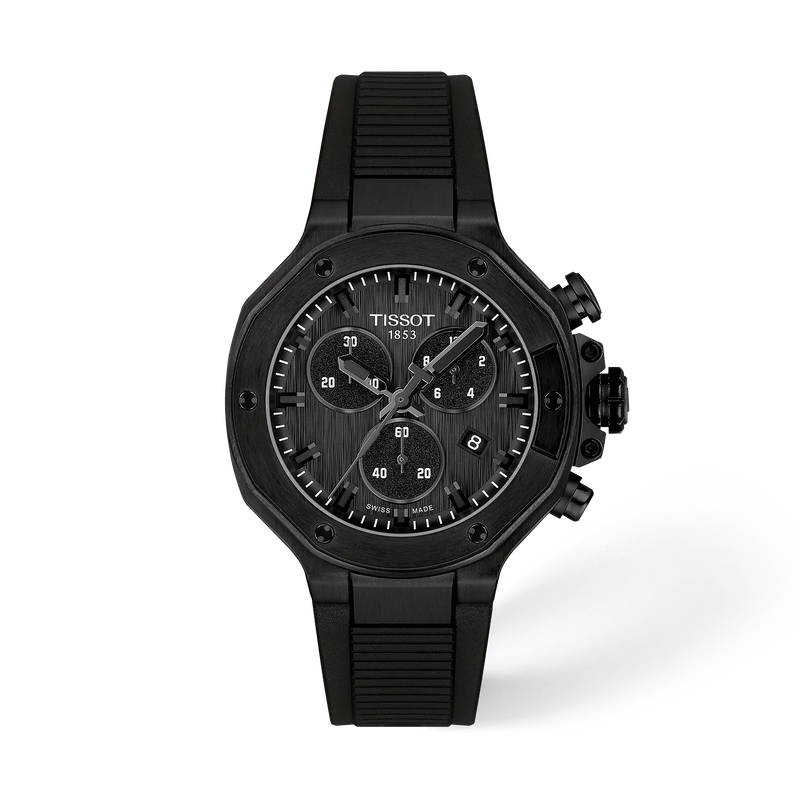 그림자가 있는 티쏘 T-레이스 쿼츠 크로노그래프 38mm 시계의 전면 보기