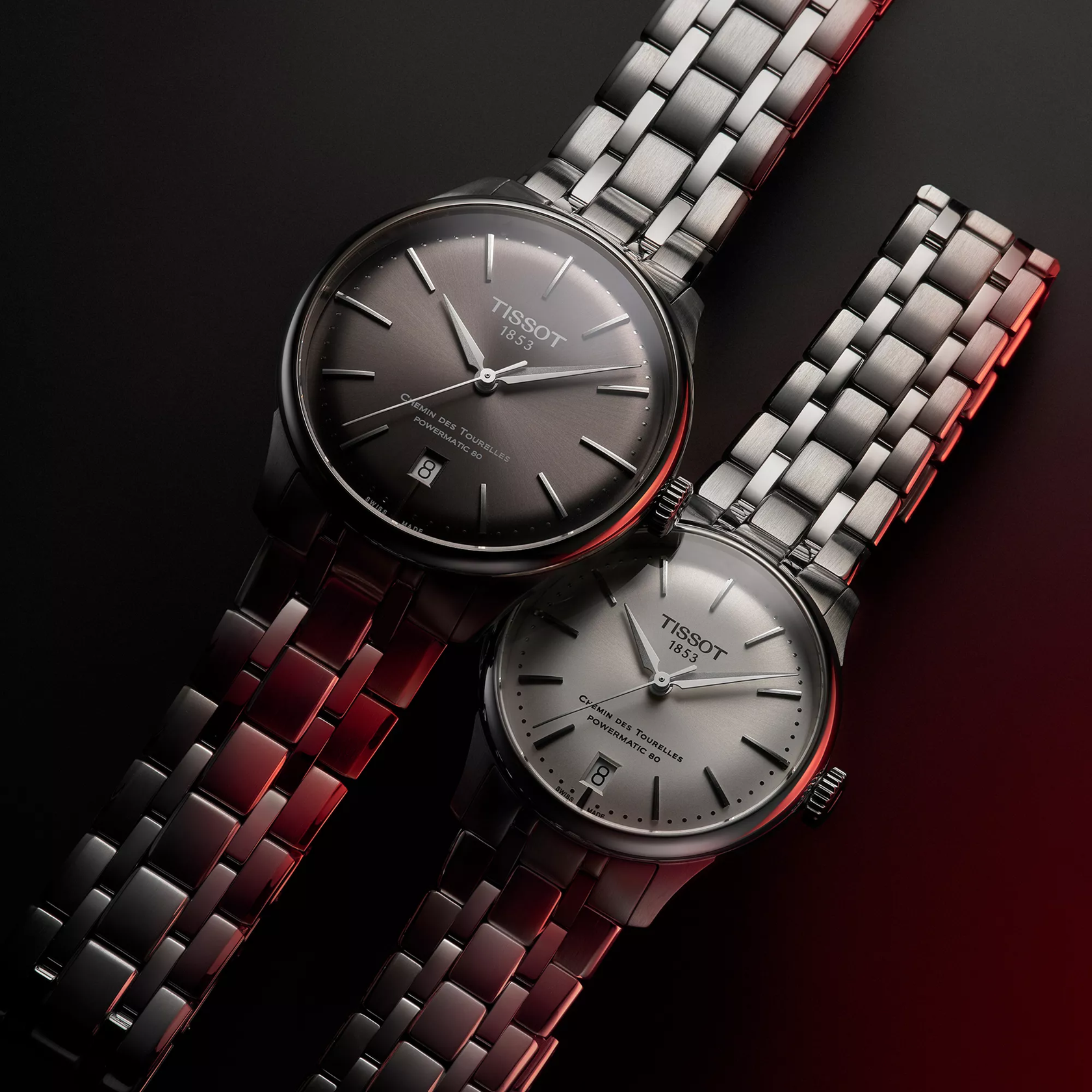 Tissot Chemin des Tourelles Powermatic 80 39 mm watch on a colored background