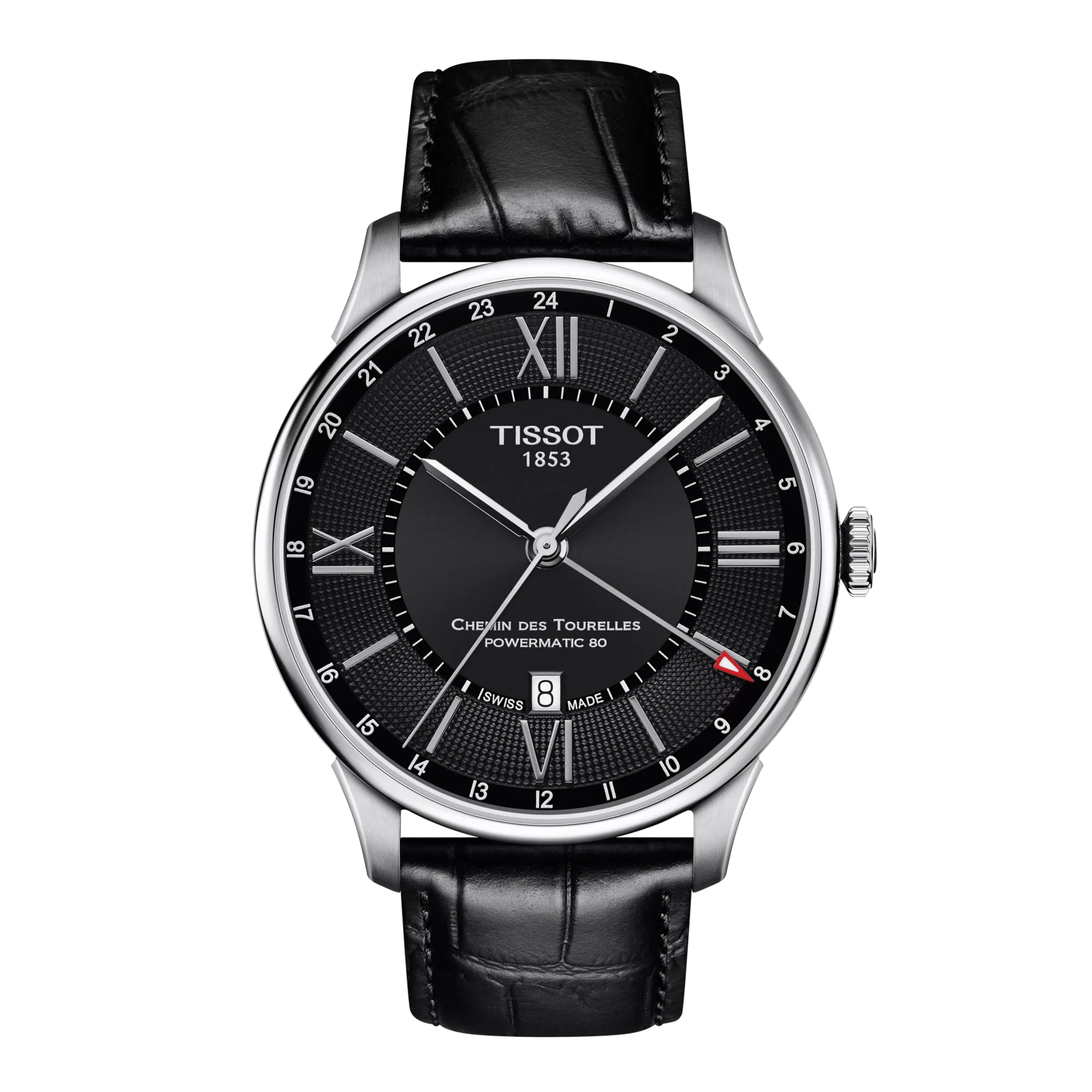 Front view of the watch Tissot Chemin des Tourelles Powermatic 80 GMT