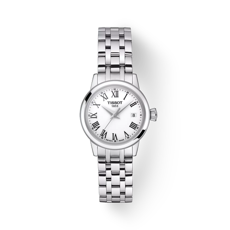 Front view of the watch Tissot Classic Dream 28mm with shadow