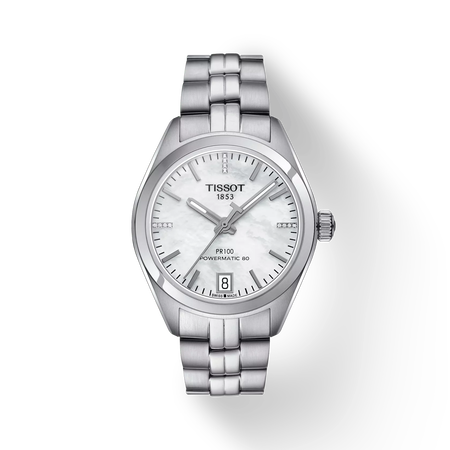 Front view of the watch Tissot PR 100 Powermatic 80 Lady with shadow