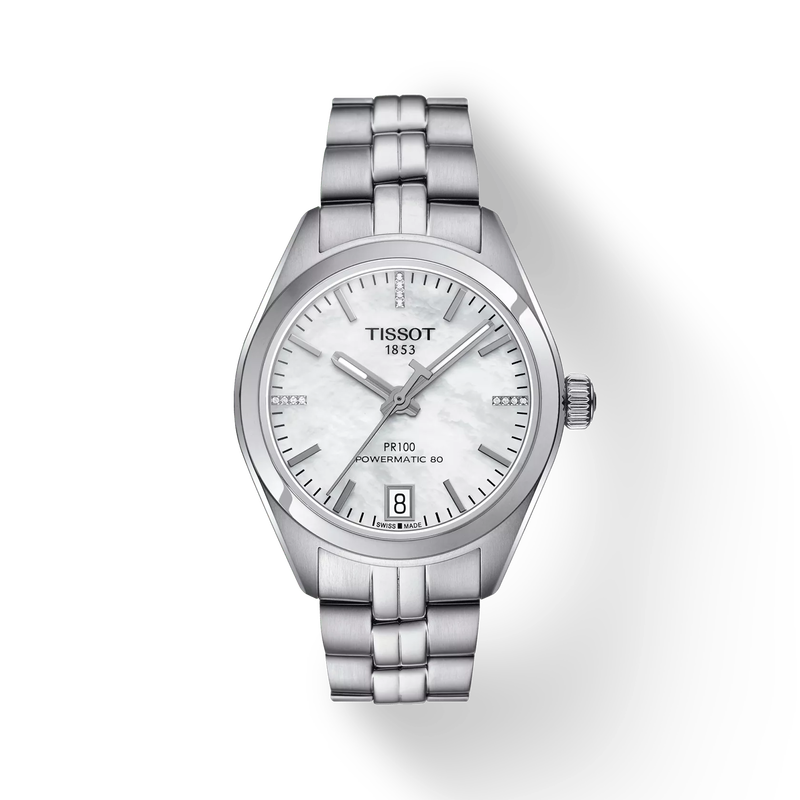 Front view of the watch Tissot PR 100 Powermatic 80 Lady with shadow