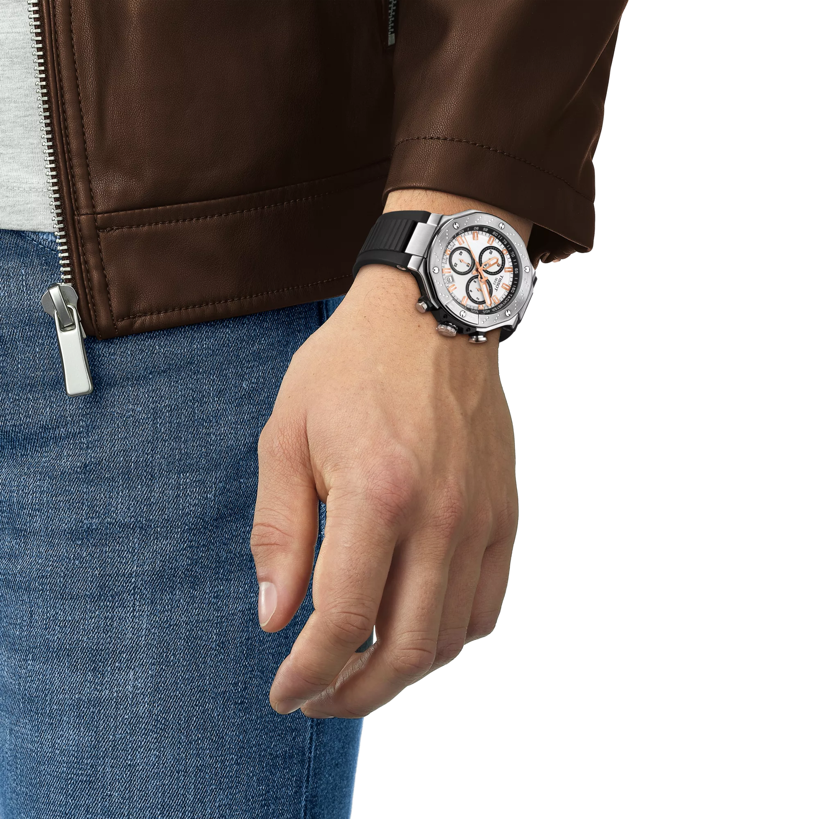 Simulation of the watch Tissot T-Race 45mm on a wrist