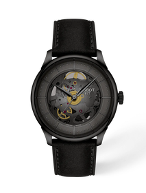 Front view of the watch Tissot Chemin Des Tourelles Skeleton 39mm with shadow