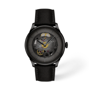 Vue de face de la montre Tissot Chemin Des Tourelles Skeleton 39mm avec ombre