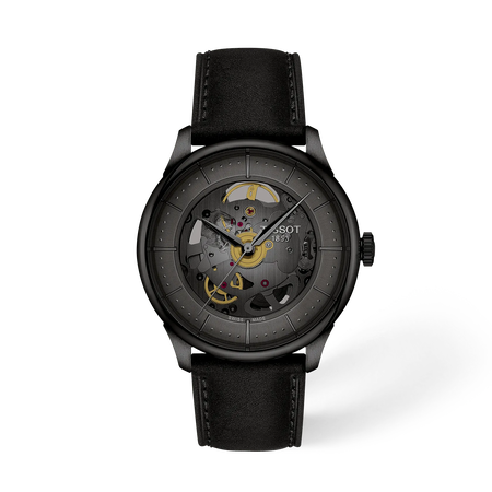 มุมมองด้านหน้าของนาฬิกา Tissot Chemin Des Tourelles Skeleton 39mm พร้อมเงา