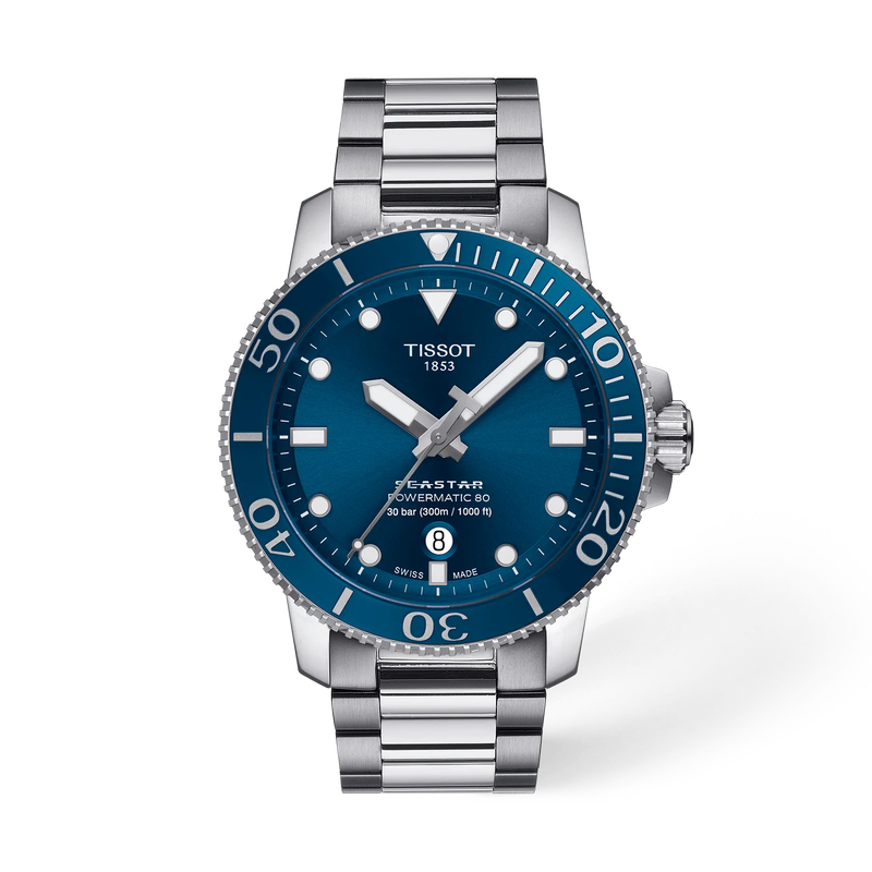 Front view of the watch Tissot Seastar 1000 43mm with shadow