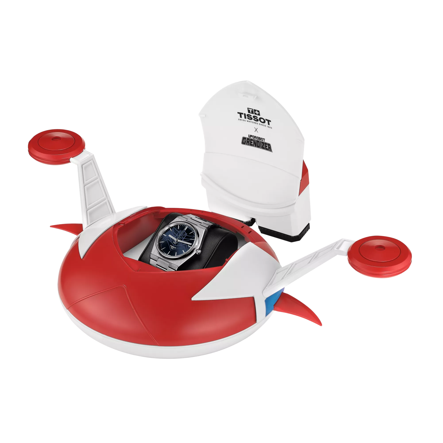 Front view of the watch Tissot PRX UFO Robot Grendizer 40mm with opened