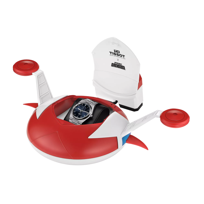 Front view of the watch Tissot PRX UFO Robot Grendizer 40mm with opened