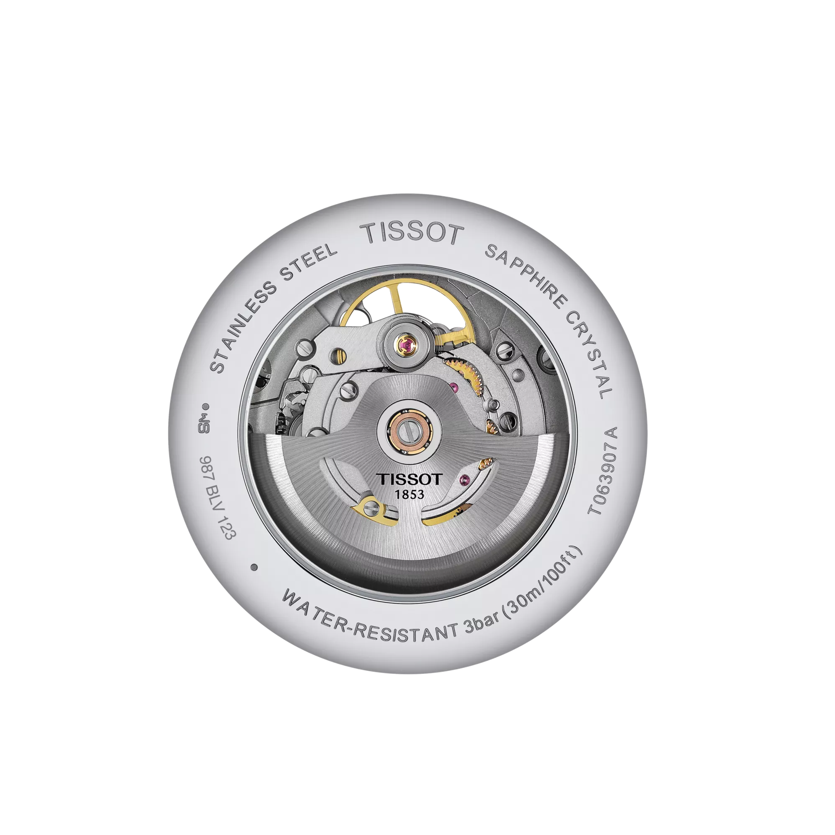 มุมมองด้านหลังของตัวเรือนนาฬิกา Tissot Tradition Powermatic 80 Open Heart