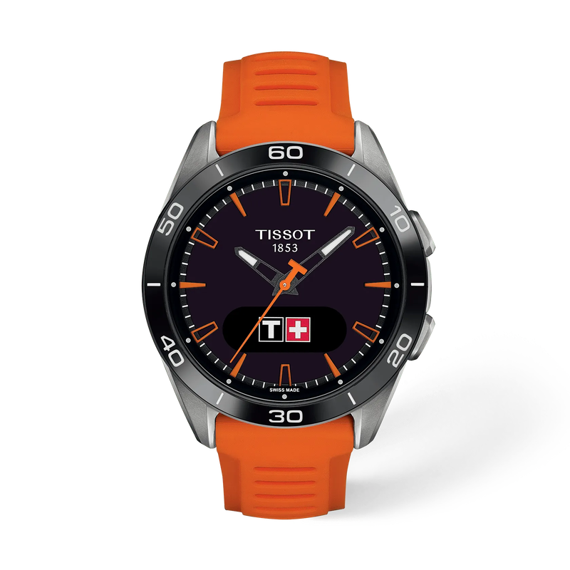 Vue de face de la montre Tissot T-Touch Connect Sport 43.75mm avec ombre