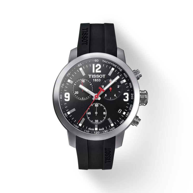 Front view of the watch Tissot PRC 200 Chronograph with shadow