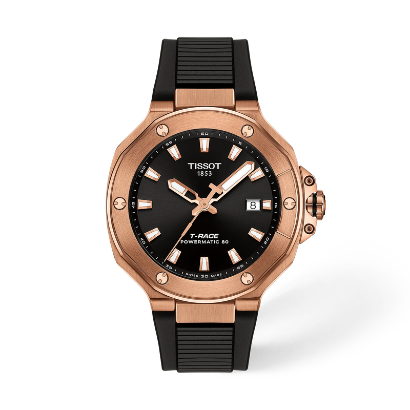 그림자가 있는 티쏘 T-레이스 파워매틱 80 41mm 시계의 전면 보기