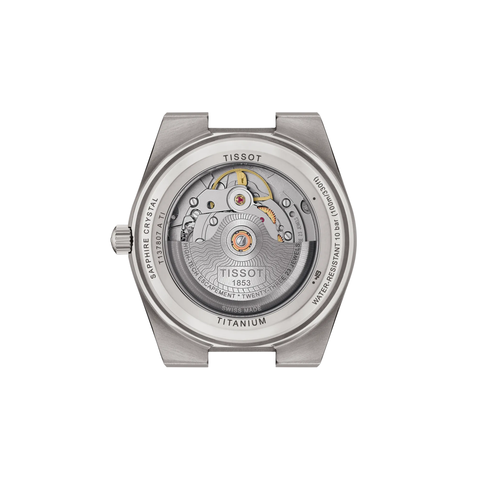 Vue arrière du boîtier de la montre Tissot PRX Titane 38mm