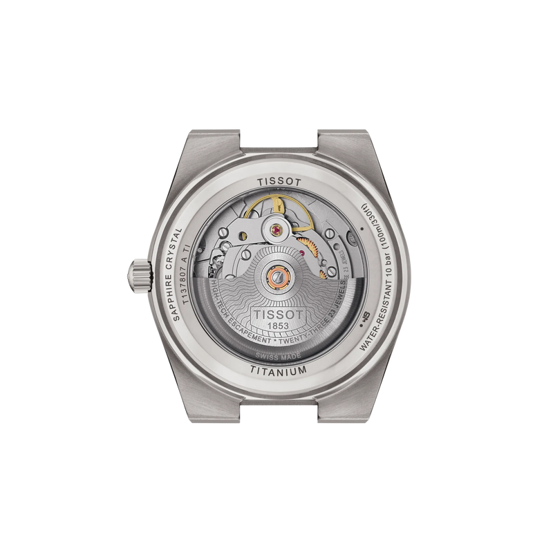 Vue arrière du boîtier de la montre Tissot PRX Titane 38mm
