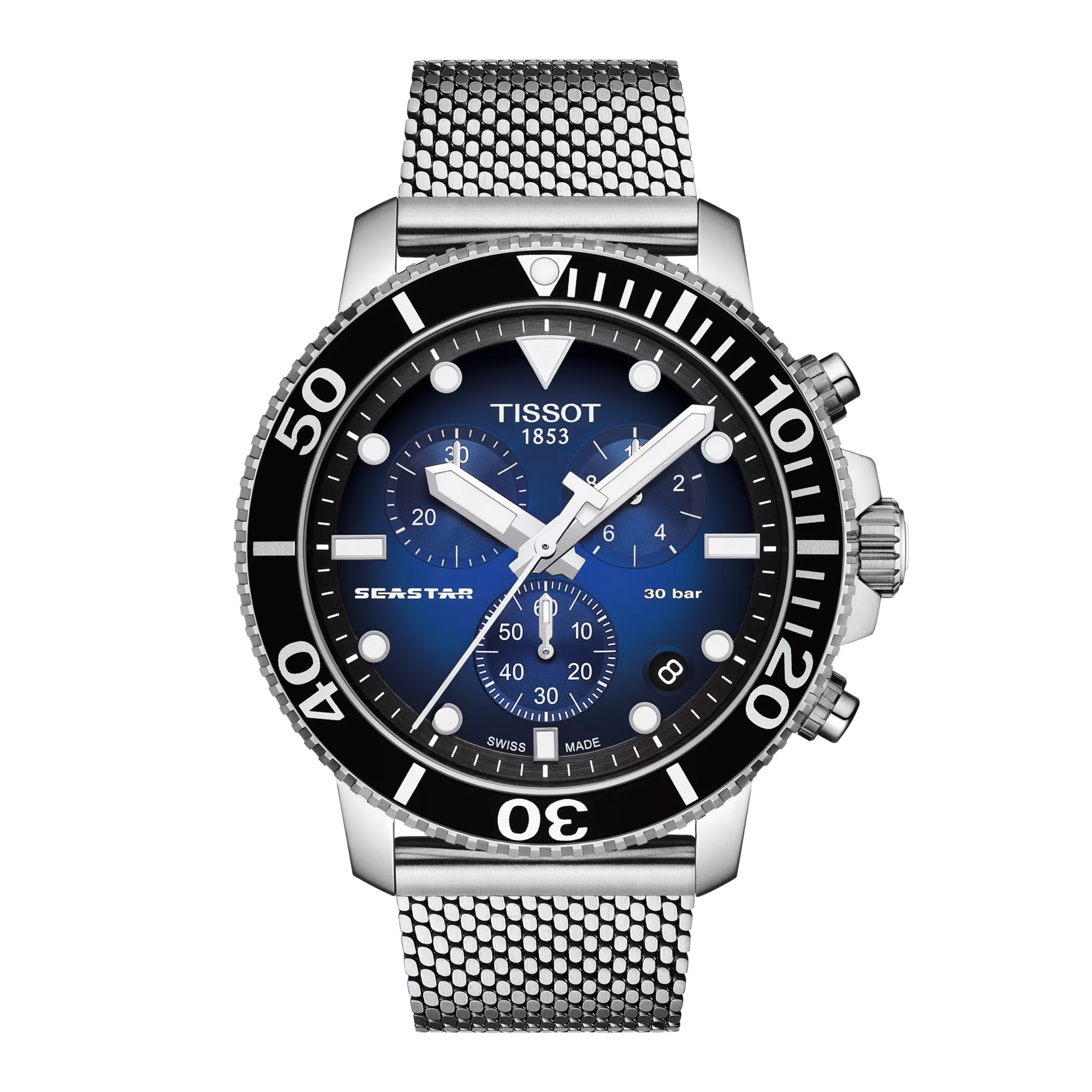 มุมมองด้านหน้าของนาฬิกา Tissot Seastar 1000 Chronograph