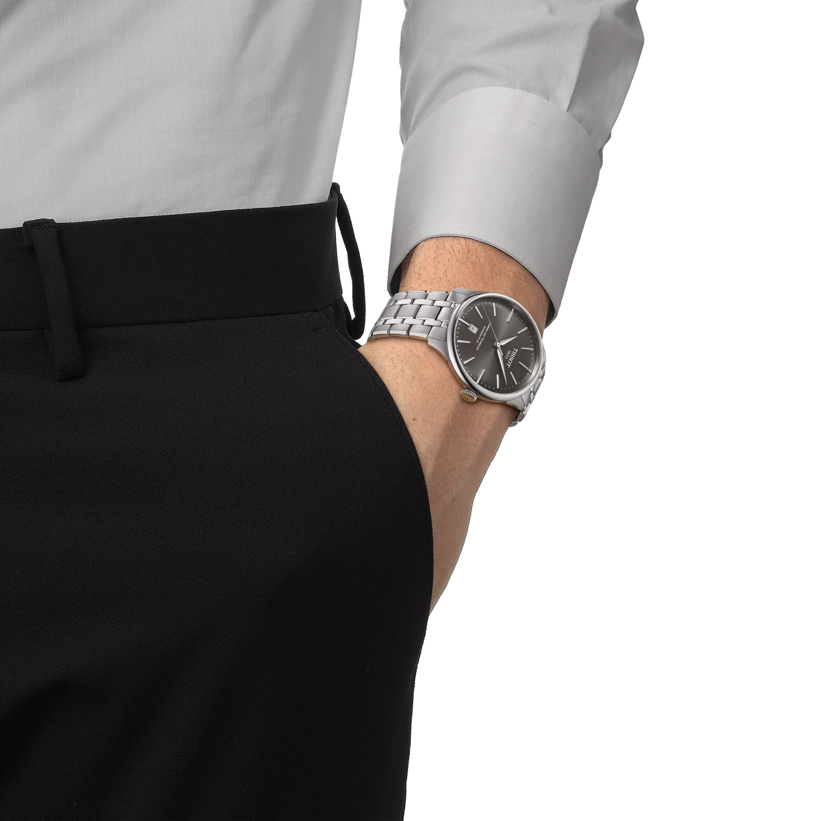 Simulation of the watch Tissot Chemin des Tourelles Powermatic 80 39 mm on a wrist