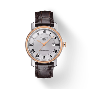Front view of the watch Tissot Bridgeport Powermatic 80 with shadow