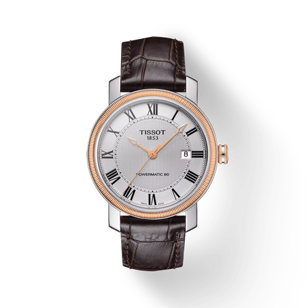 มุมมองด้านหน้าของนาฬิกา Tissot Bridgeport Powermatic 80 พร้อมเงา