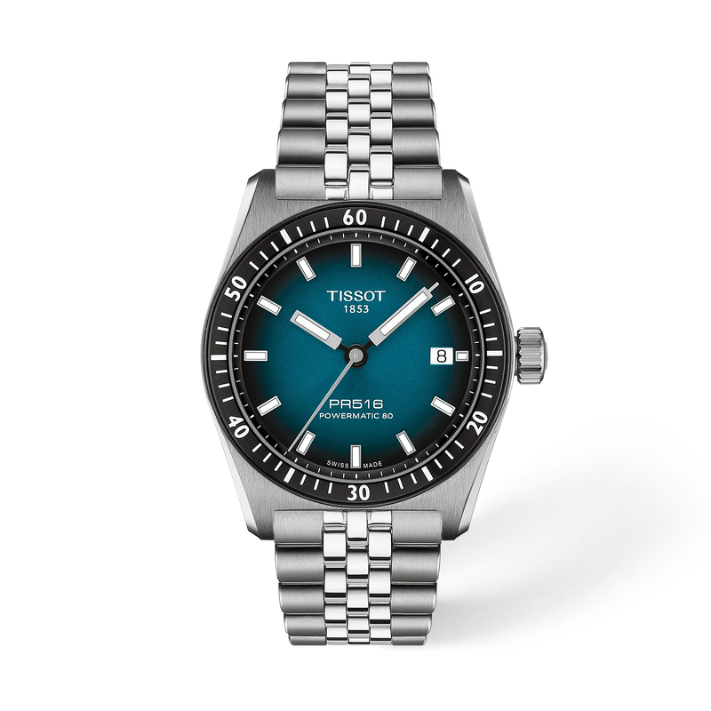 มุมมองด้านหน้าของนาฬิกา Tissot PR516 38mm พร้อมเงา